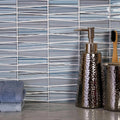 White blue trapezium glass mosaic tile with glossy and matte finish on bathroom backsplash