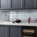 Blue gray glass mosaic tile with glossy and matte linear finish, 12x12 inches backsplash installation