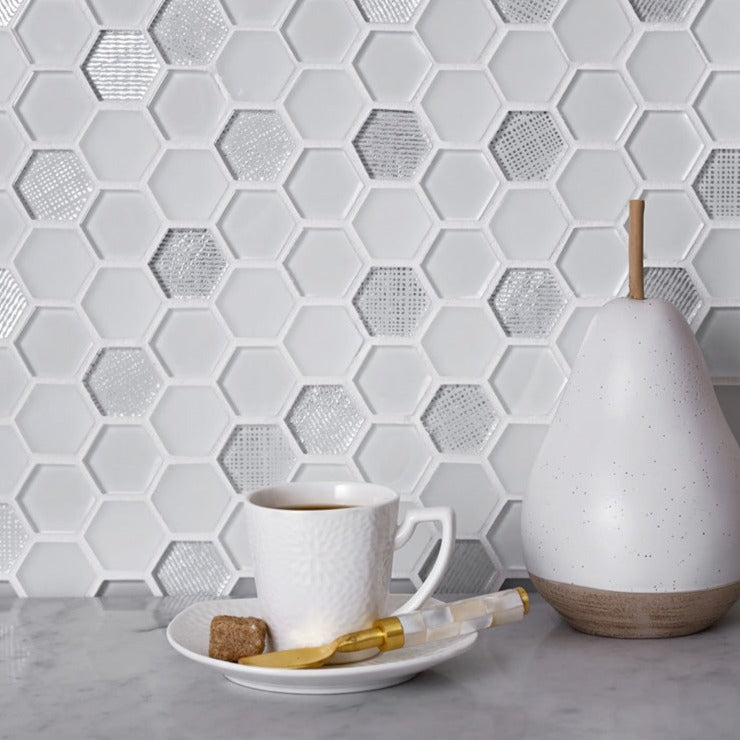 White 12x12 Glossy Matte Hexagon Glass Mosaic Tile (5 pack, 4.83 sq ft/case) - Sample