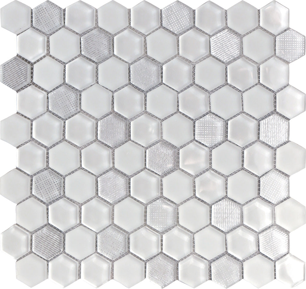 White 12x12 Glossy Matte Hexagon Glass Mosaic Tile (5 pack, 4.83 sq ft/case) - Sample