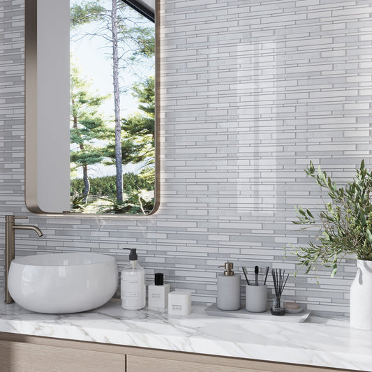 White 12x12 Glossy Matte Sticks Glass Mosaic Tile (5 pack, 5 sq ft/case) - Sample