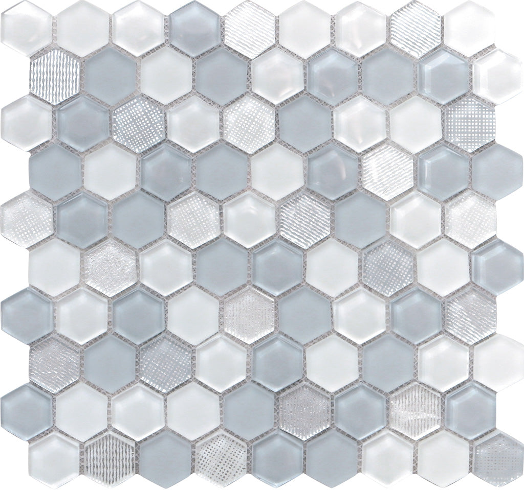 Blue Gray 12x12 Glossy Matte Hexagon Glass Mosaic Tile (5 pack, 4.83 sq ft/case) - Sample