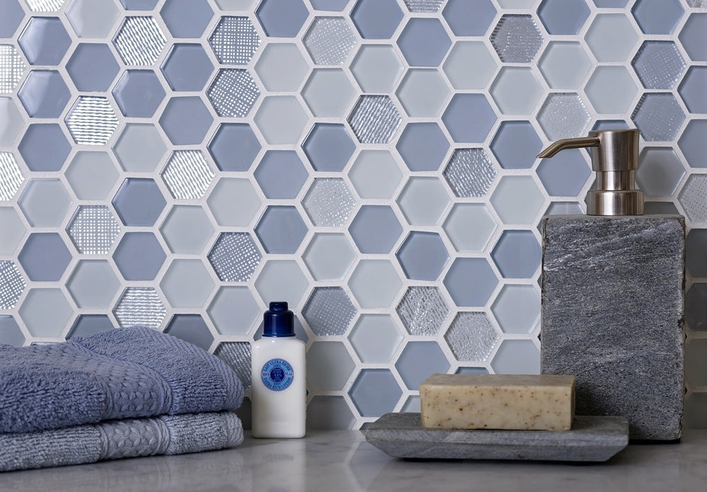Blue Gray 12x12 Glossy Matte Hexagon Glass Mosaic Tile (5 pack, 4.83 sq ft/case) - Sample