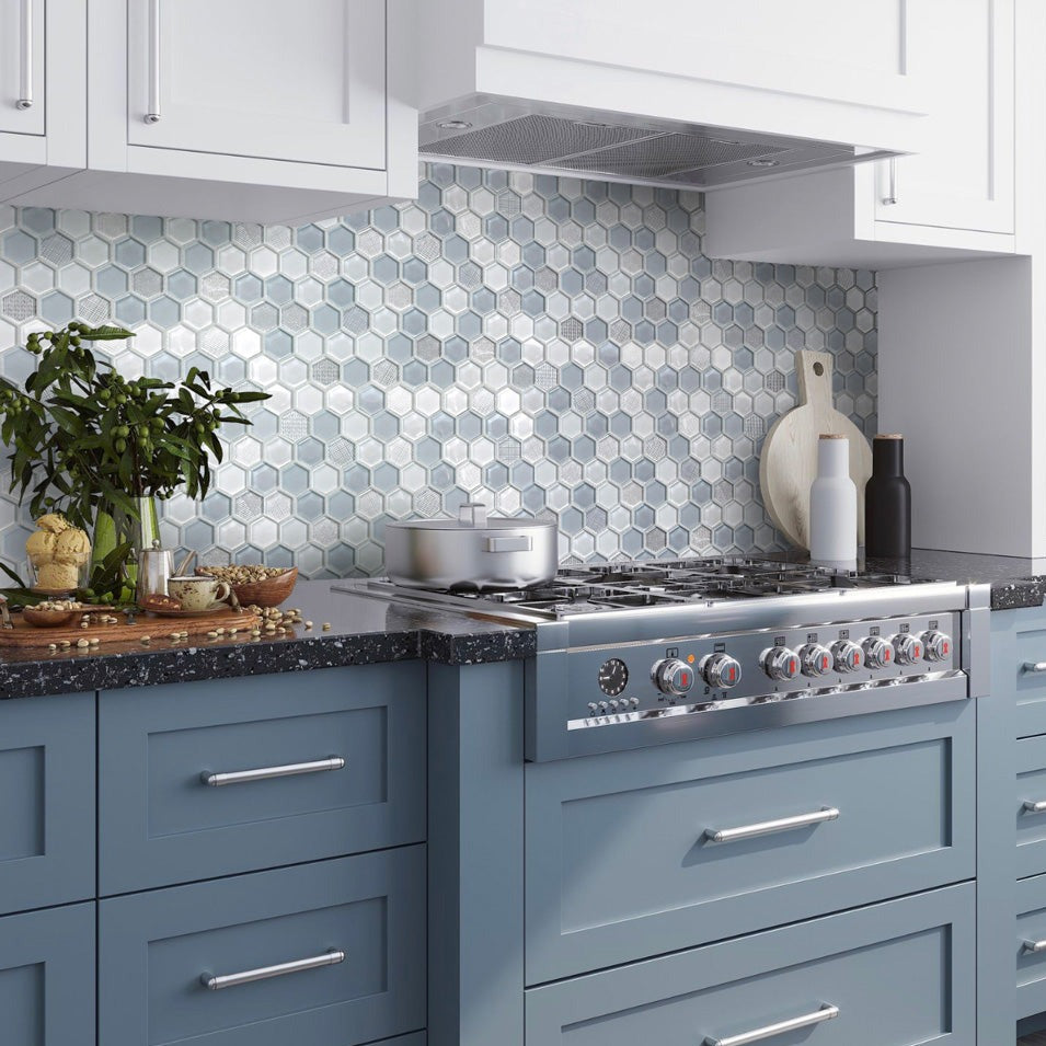 Light Blue 12x12 Glossy Matte Hexagon Glass Mosaic Tile (5 pack, 4.83 sq ft/case) - Sample