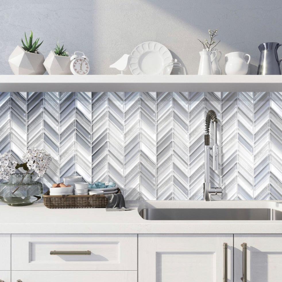 Blue Gray 10x10 Glossy Matte Herringbone Glass Mosaic Tile (5 pack, 3.76 sq ft/case) - Sample