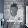 White and blue glass mosaic tile with glossy and matte finish on bathroom wall backsplash