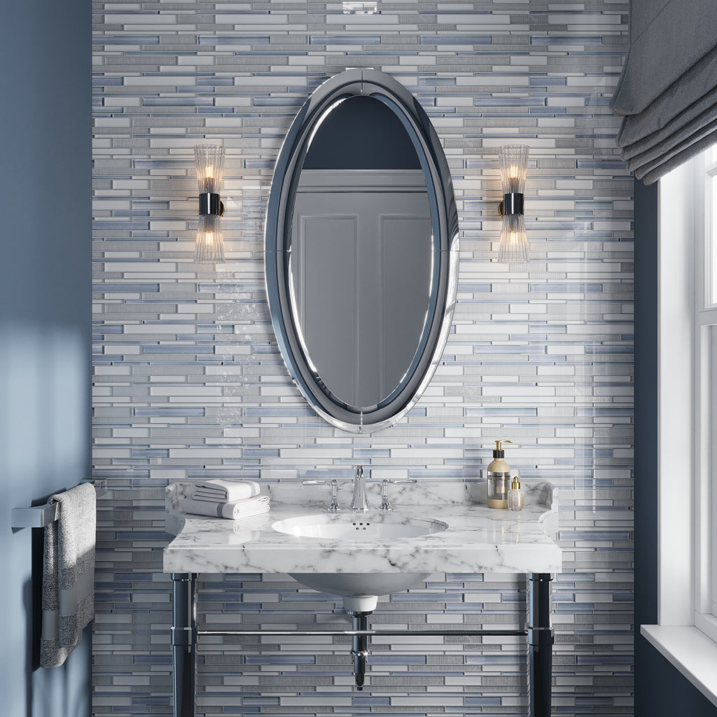 White Blue 12x12 Glossy Matte Sticks Glass Mosaic Tile (5 pack, 5 sq ft/case) - Sample