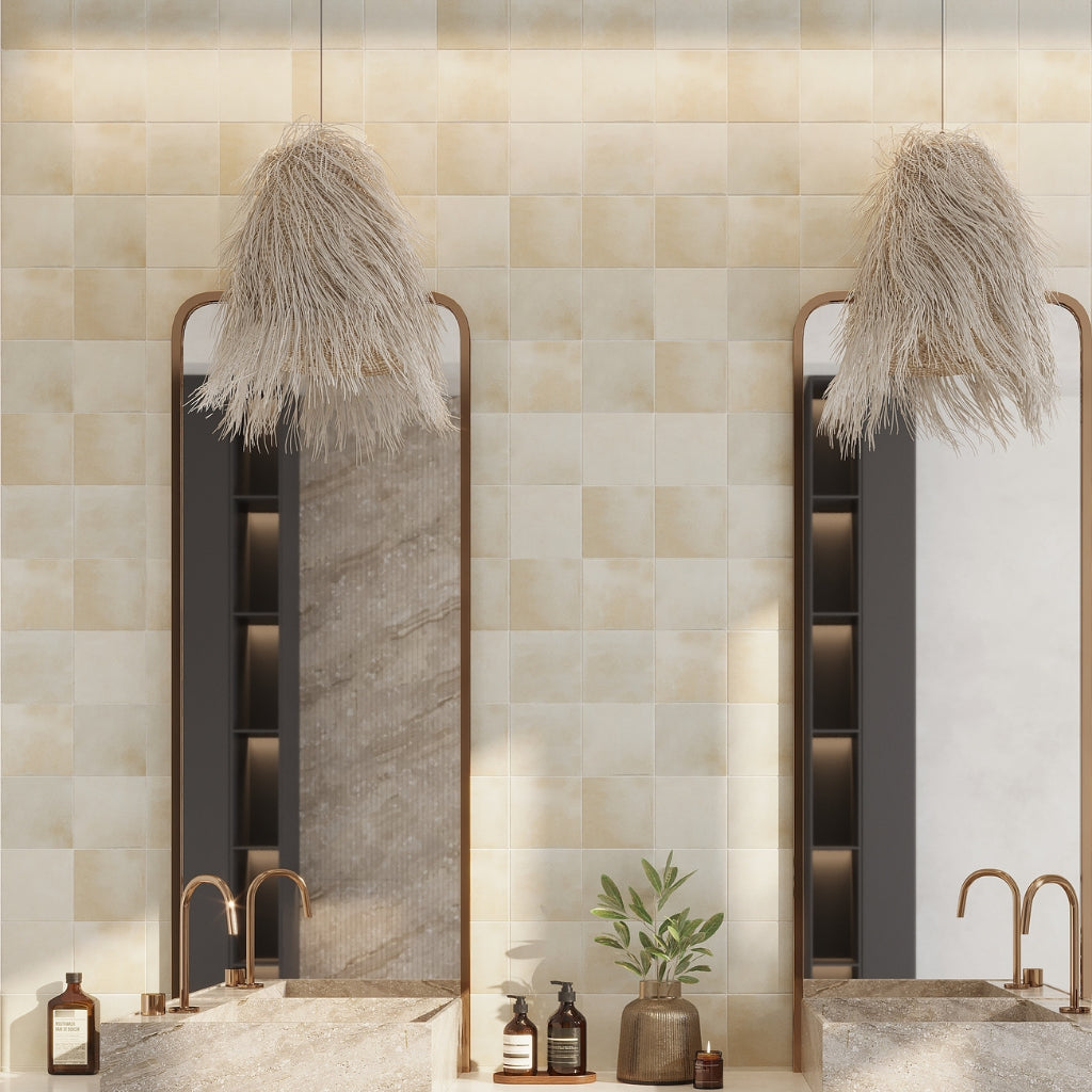 creamy off-white 6x6 matte zellige square porcelain tiles on a bathroom wall with textured matte finish