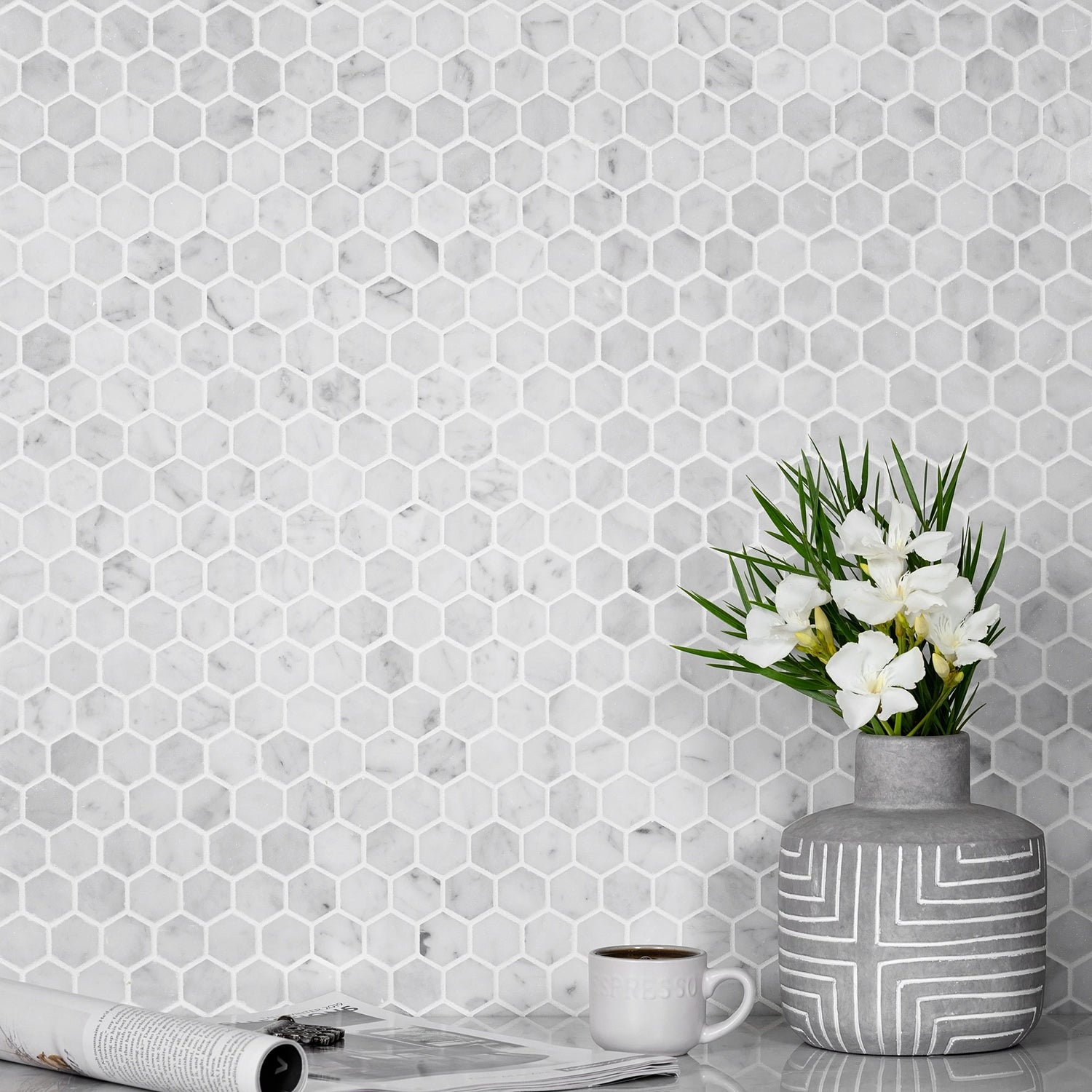 White 11x12 Honed Hexagon Marble Mosaic Tile (5 pack, 4.55 sq ft/case) - Sample