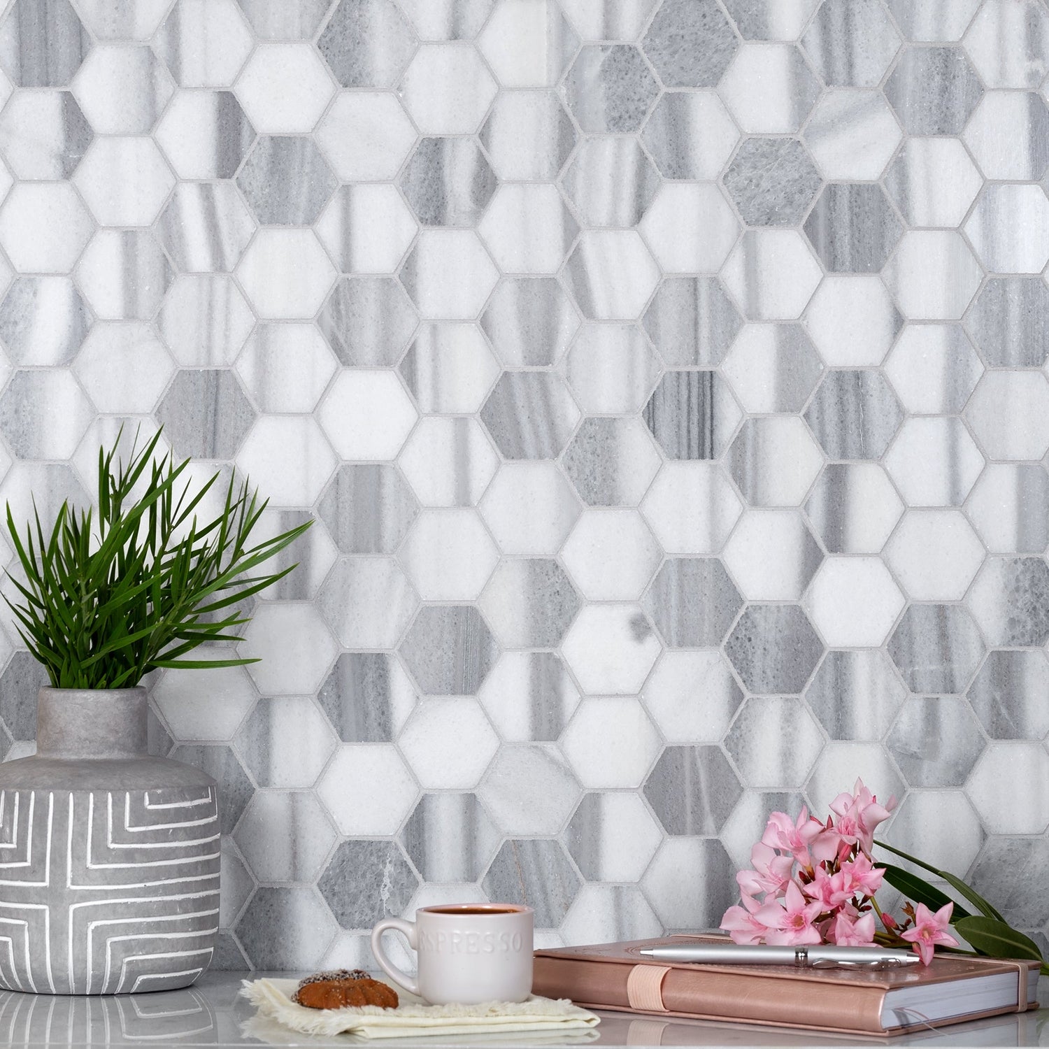 Gray 12x12 Polished Hexagon Equator Mosaic Tile (5 pack, 4.83 sq ft/case) - Sample