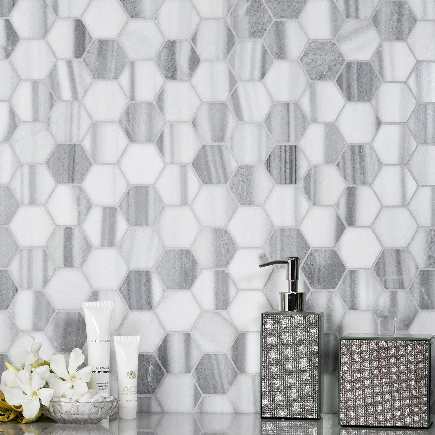 Gray 12x12 Polished Hexagon Equator Mosaic Tile (5 pack, 4.83 sq ft/case) - Sample