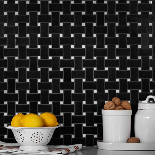 Sample-5-Pack Black 12-in x 12-in Polished Natural Stone Basketweave Patterned Floor and Wall Tile