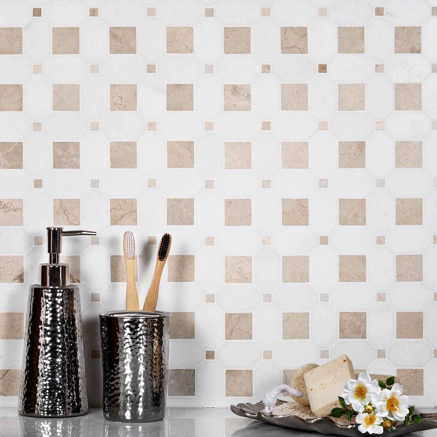 White Beige 12x12 Polished Multi-shaped Thassos Crema Marfil Mosaic Tile (5 pack, 5.17 sq ft/case) - Sample