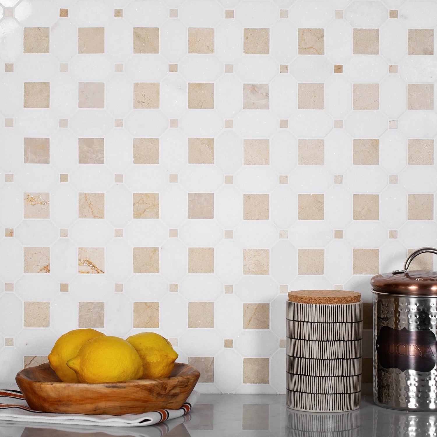 White Beige 12x12 Polished Multi-shaped Thassos Crema Marfil Mosaic Tile (5 pack, 5.17 sq ft/case) - Sample