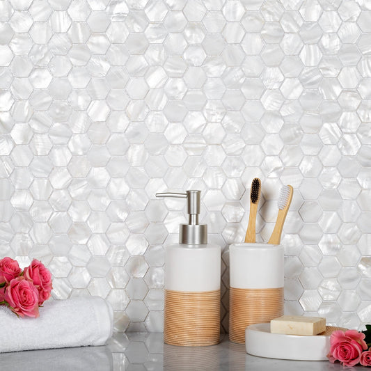 Sample-Chiffon White 12x12 Polished Hexagon Shell Mother of Pearl Mosaic Tile (20 pack, 18.69 sq ft/case)
