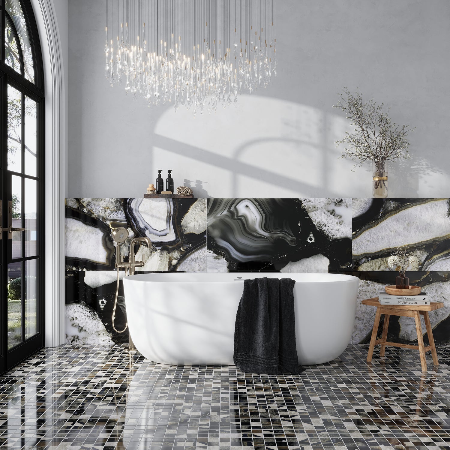 Glossy black 24x48 lappato natural agate porcelain tiles with white and gray veining