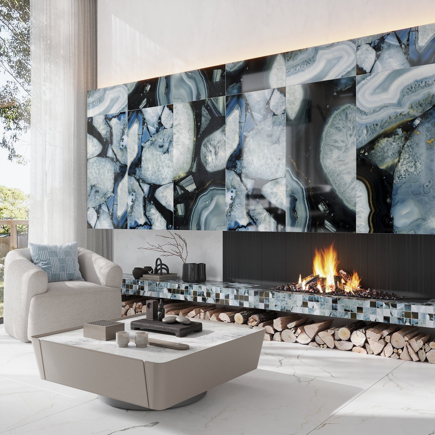 Icy blue 24x48 lappato geode agate porcelain large tile with natural crystal patterns