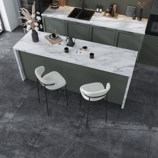 Slate black matte porcelain large format tile 24x48 installed on kitchen floor