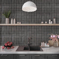 Slate black 12x12 matte porcelain mosaic tile on kitchen backsplash