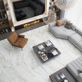 Matte white porcelain floor tile with gray and beige veins, large 24x48 rectangular format
