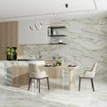White polished porcelain large format tile with sage green veins on kitchen floor and wall