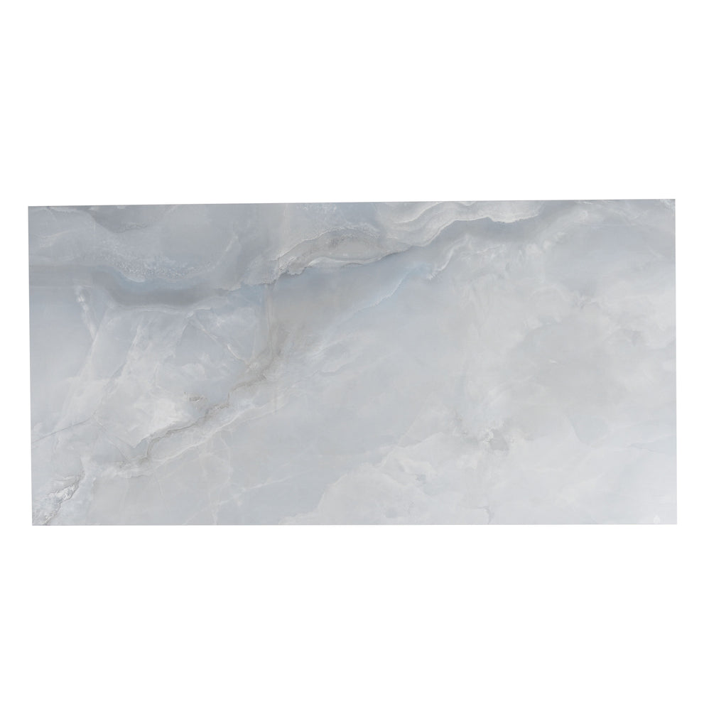 Celestine blue honed porcelain large tile in a marble-look finish