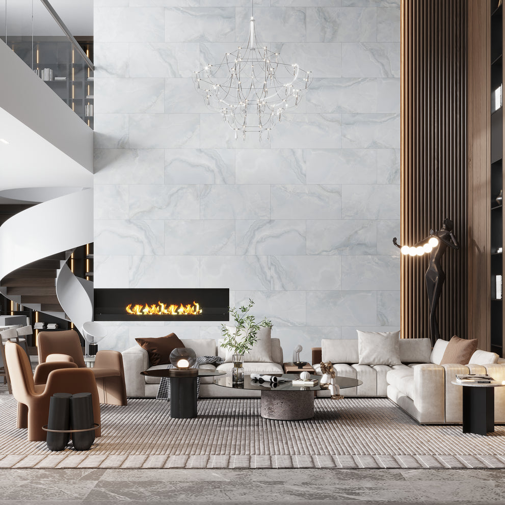 Celestine blue honed porcelain large tile in a marble-look finish