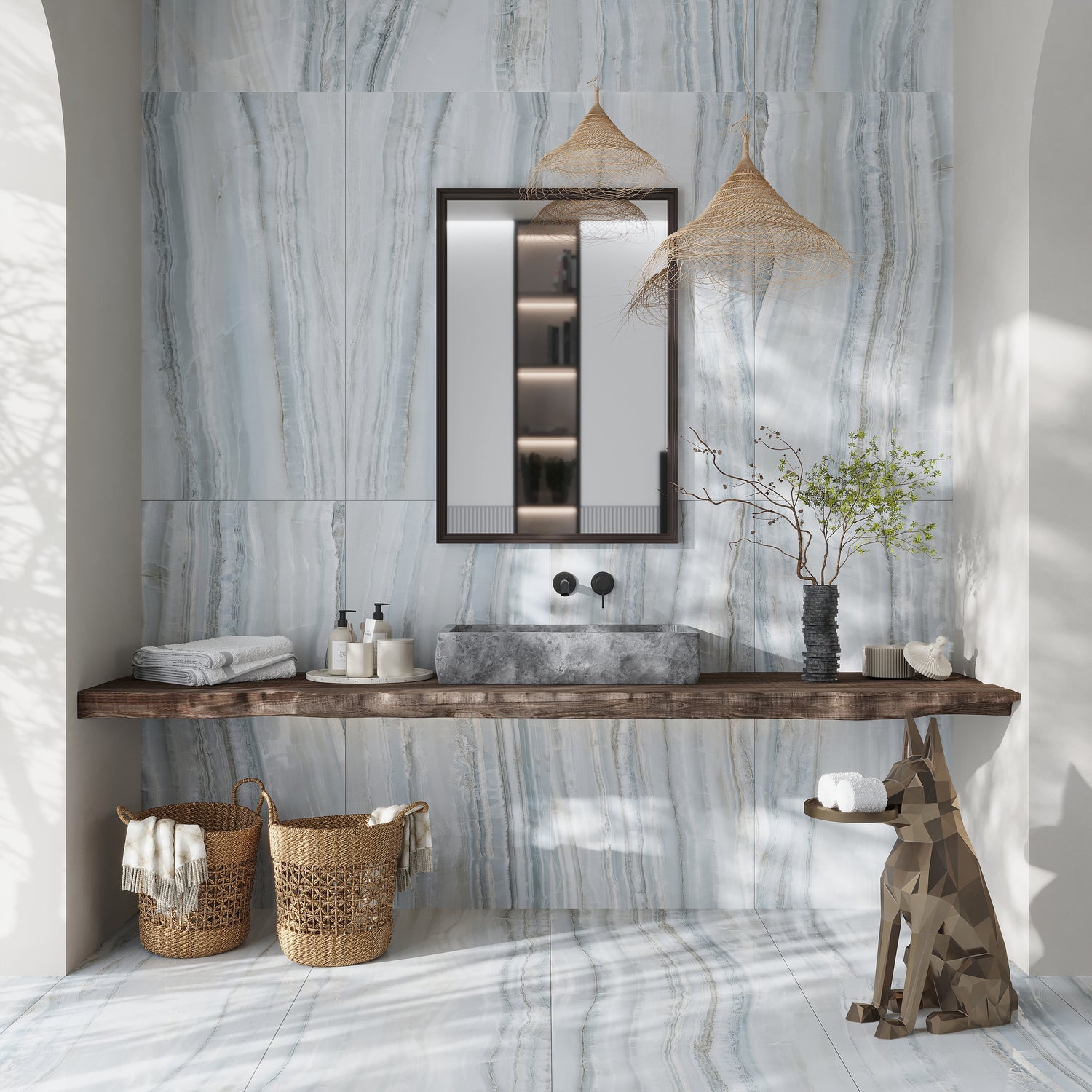 windy blue 24x48 honed porcelain large tile with smooth light blue and gray veining