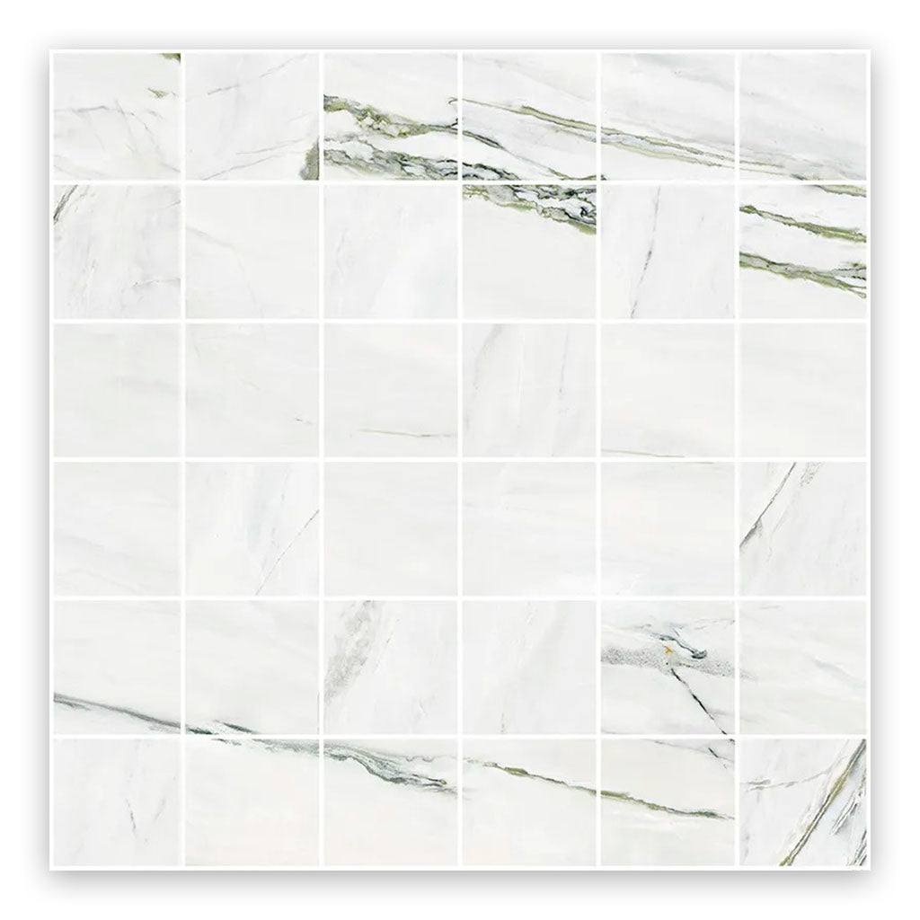 Splendor 11.81 in. x 11.81 in. Polished White with Green Veins Porcelain Mosaic Square Wall and Floor Tile (10.65 sq ft/case) - 11 Pack