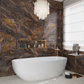 Brown polished porcelain large format tiles 24x48 on bathroom wall surrounding bathtub