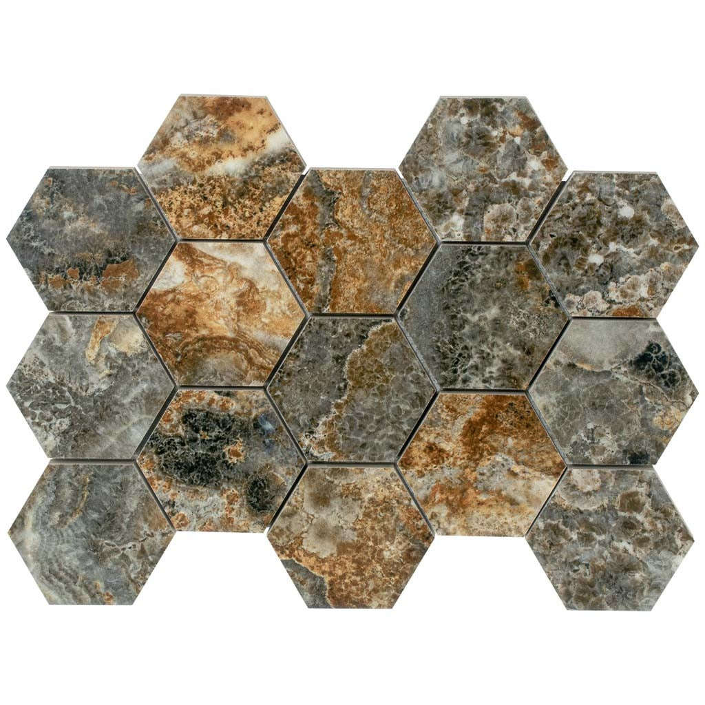 Brown 9x13 Polished Hexagon Porcelain Mosaic Tile (9 pack, 7.09 sq ft/case) - Sample