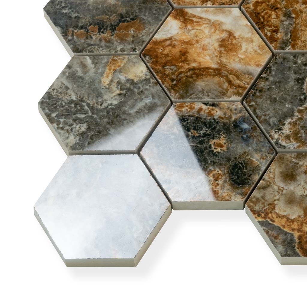 Brown 9x13 Polished Hexagon Porcelain Mosaic Tile (9 pack, 7.09 sq ft/case) - Sample