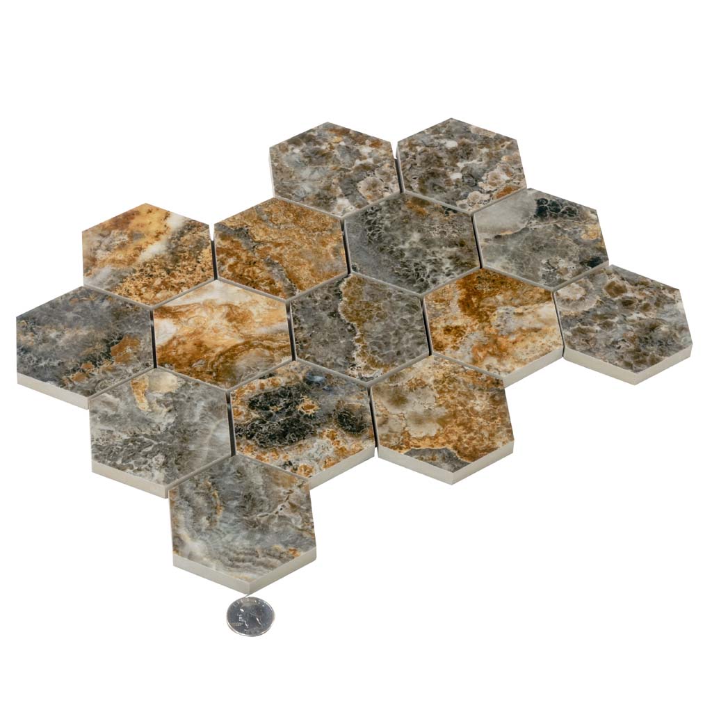 Brown 9x13 Polished Hexagon Porcelain Mosaic Tile (9 pack, 7.09 sq ft/case) - Sample