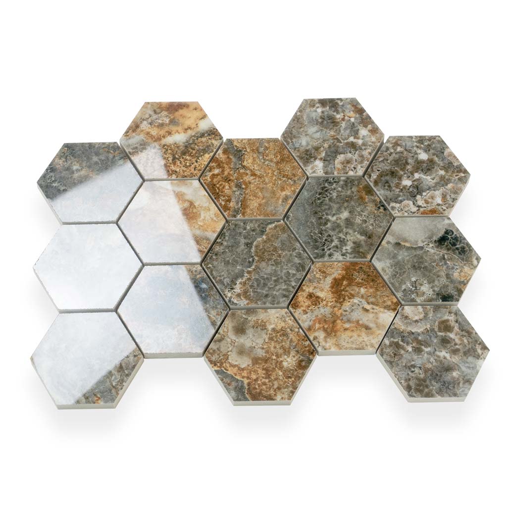 Brown 9x13 Polished Hexagon Porcelain Mosaic Tile (9 pack, 7.09 sq ft/case) - Sample