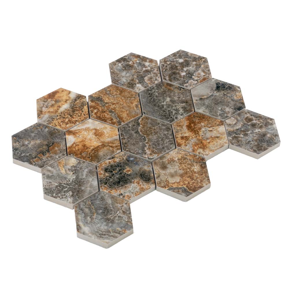Brown 9x13 Polished Hexagon Porcelain Mosaic Tile (9 pack, 7.09 sq ft/case) - Sample