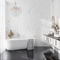 Pearl white with gray veined large format 24x48 matte porcelain tile on bathroom walls