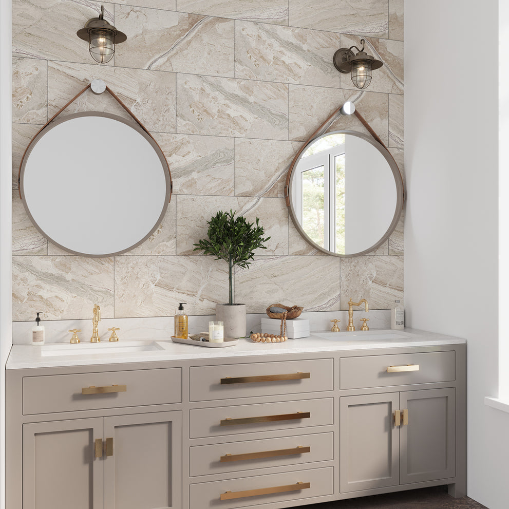 Beige matte porcelain large-format tile in a stone-look finish