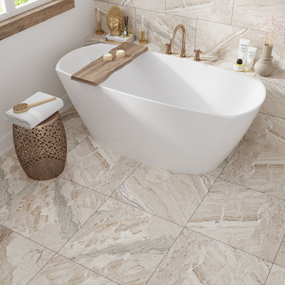 Beige matte square porcelain tile 24x24 on bathroom floor and wall