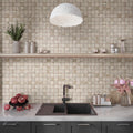 Beige matte porcelain mosaic tile, 12x12, square, installed as kitchen backsplash and wall tile