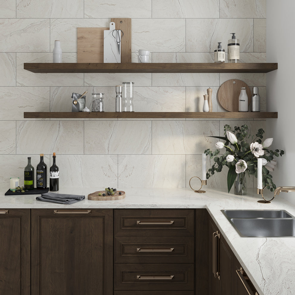 Stone beige porcelain large format tile in a matte stone-look finish