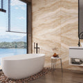 Beige polished porcelain large format rectangular wall tile, 24x48 inches, bathroom installation