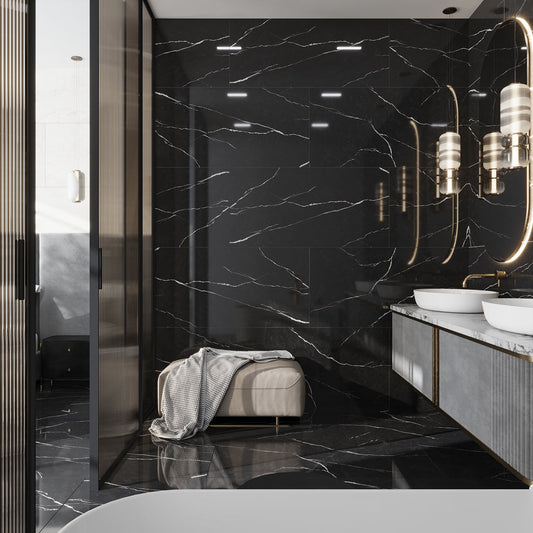 Black polished porcelain large format tile with white veining on bathroom wall and floor