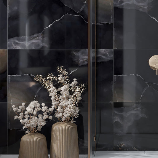 Black 24x48 lappato porcelain tile with marble veining on wall surface