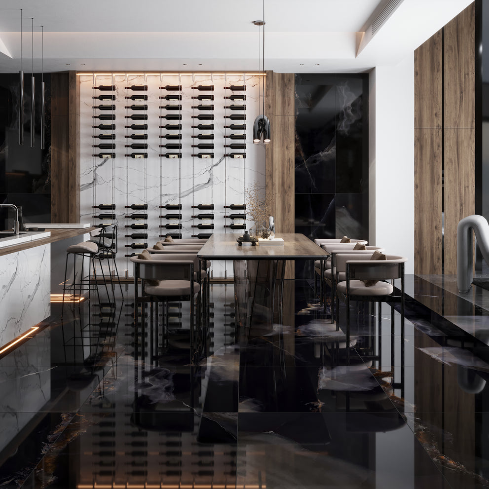 Black 36x36 Lappato Square Porcelain Large Format Tile installed in an interior