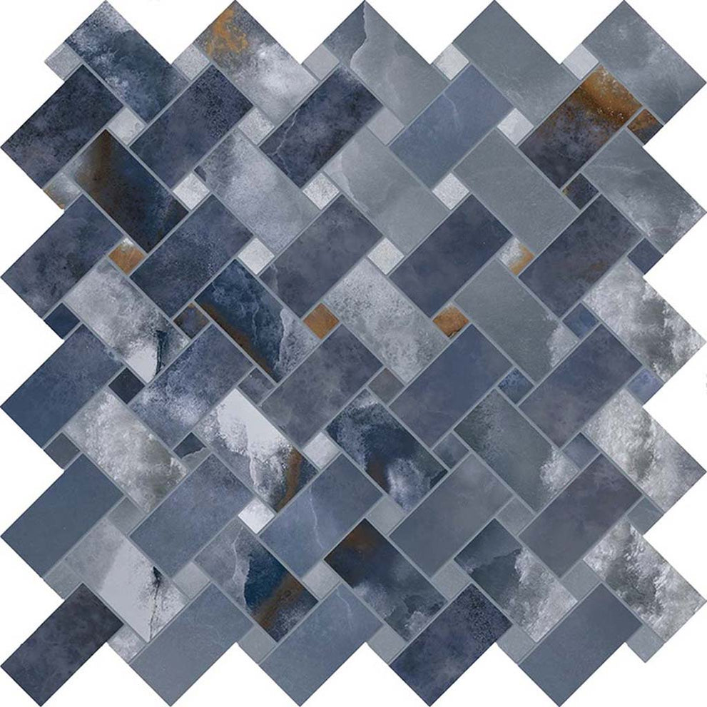 Blue matte porcelain mosaic tile in a basketweave pattern
