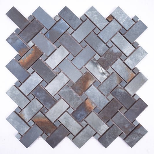 Blue matte porcelain basketweave mosaic tile on shower wall and floor, 12x12 inches