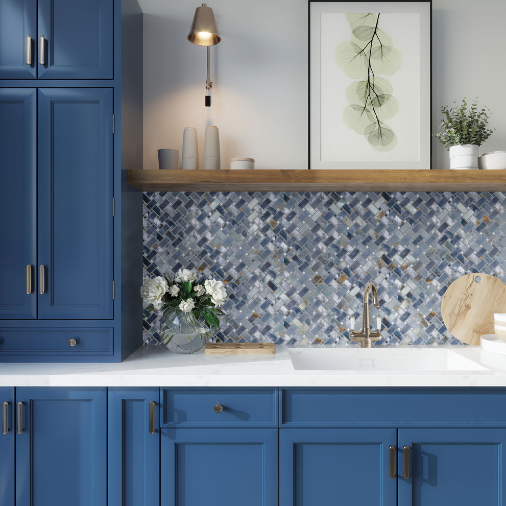 Blue 12x12 Matte Basketweave Porcelain Mosaic Tile in a dark blue, light blue, and white kitchen