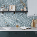 Green matte porcelain 12x12 basketweave mosaic tile on kitchen backsplash wall