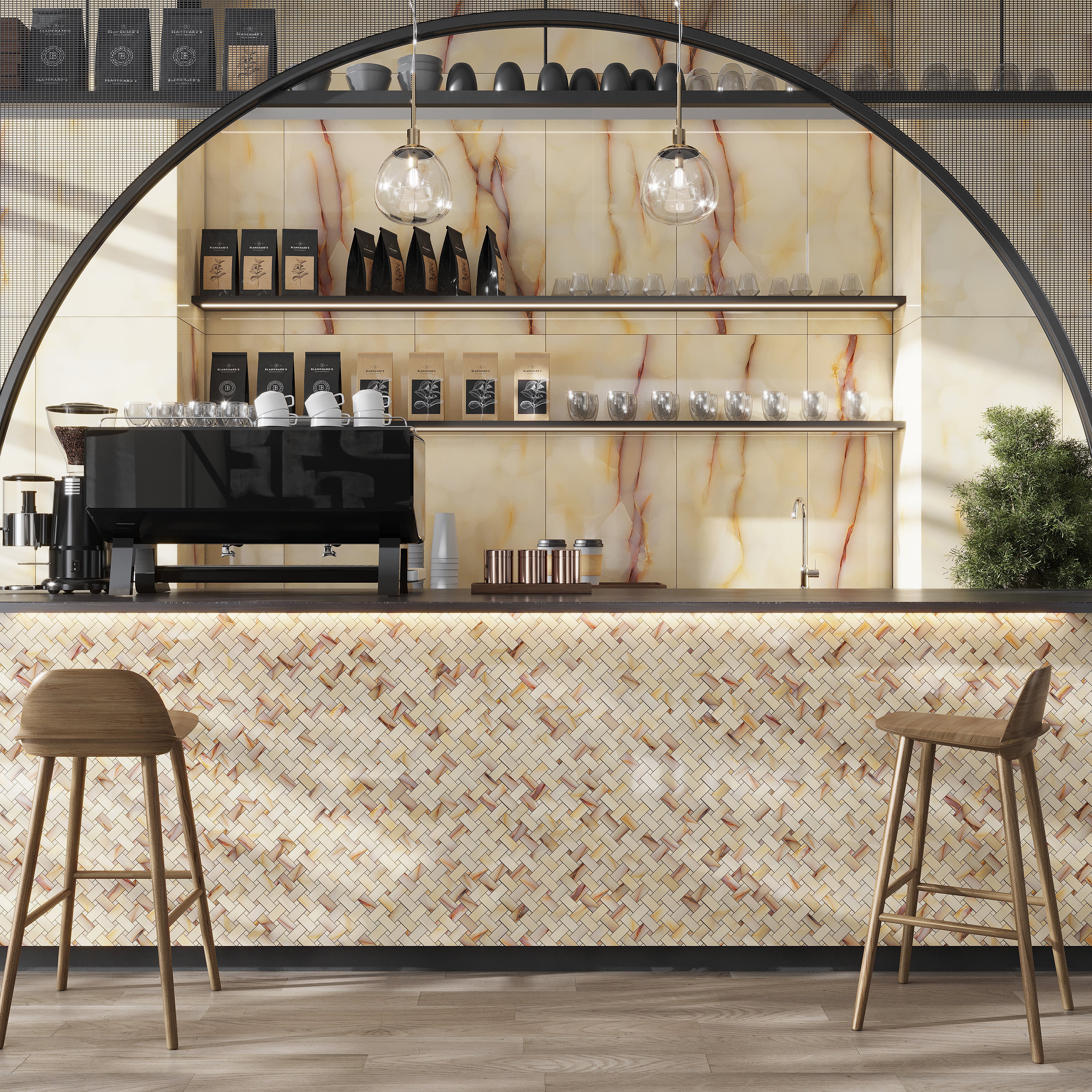 Miele basketweave porcelain mosaic tile in a lappato onyx-look design