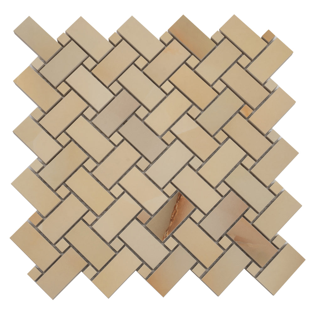 Miele basketweave porcelain mosaic tile in a lappato onyx-look design